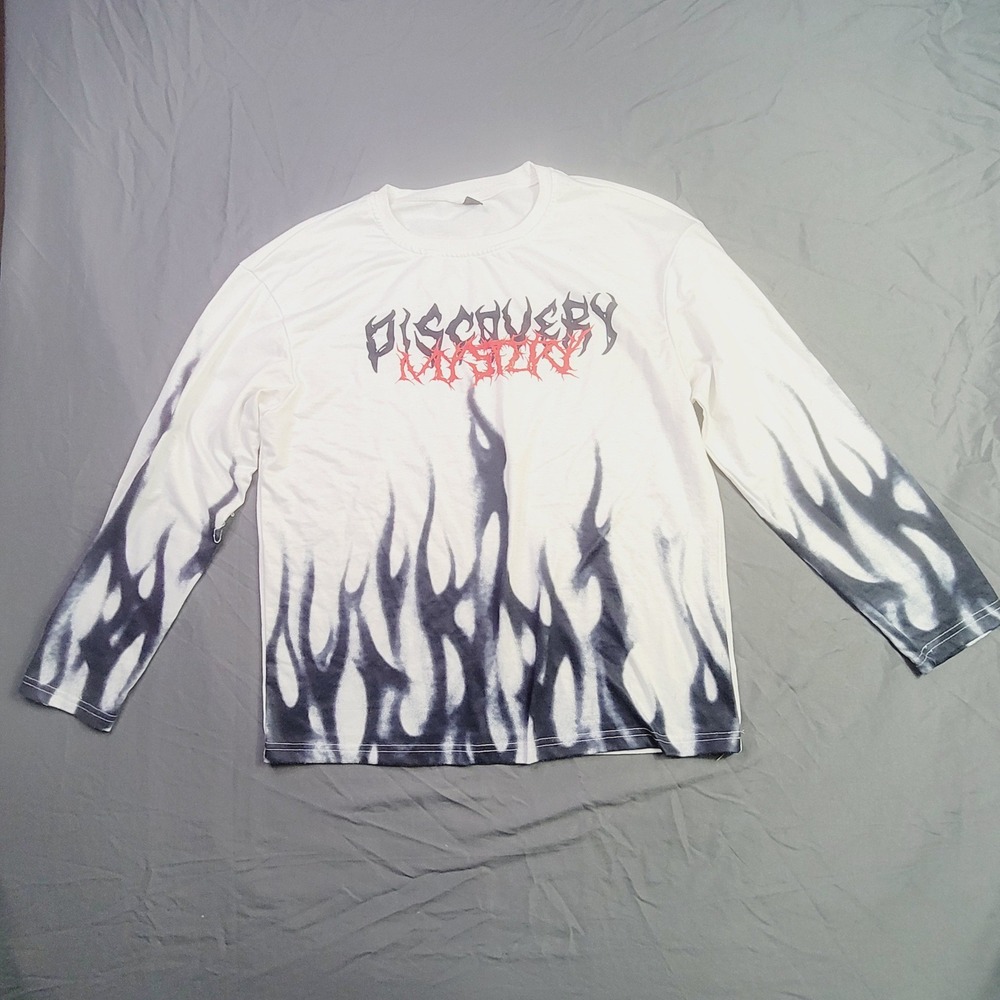 Romwe Mens Discovery Graphic Long Sleeve Shirt Size Small White Flame Streetwear